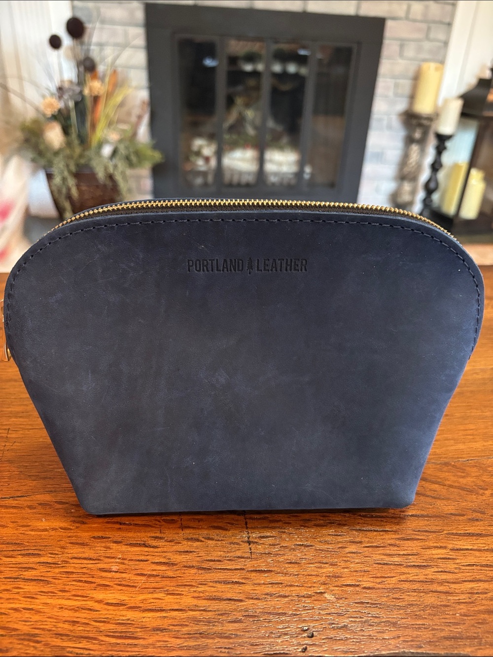 Portland Leather Navy Leather Toiletry Pouch with Gold Zipper